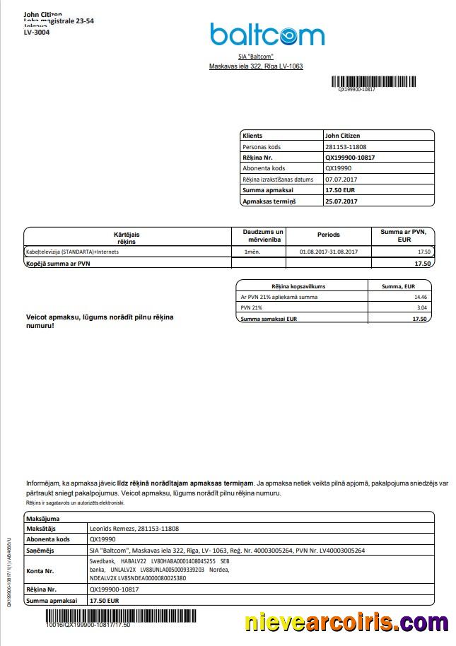 Latvia Baltcom telecommunications utility bill Latvian version